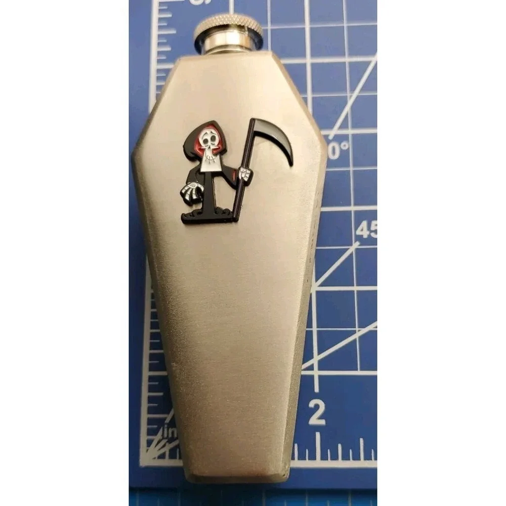Gothic Hip Pocket Flask Cartoon Grim Reaper Medallion Coffin Flask